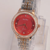 Two Tone Silver Chain Womans Watch Red Dial